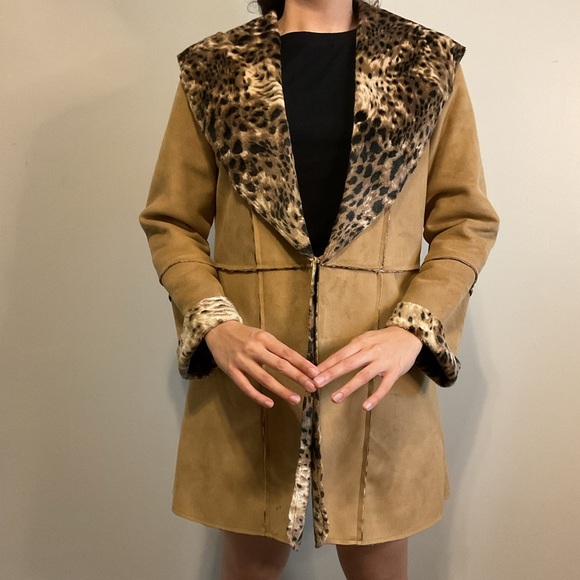 ISO Y2K Cheetah faux fur Animal Print High Knee Jacket Coat - Size Small - Picture 1 of 8